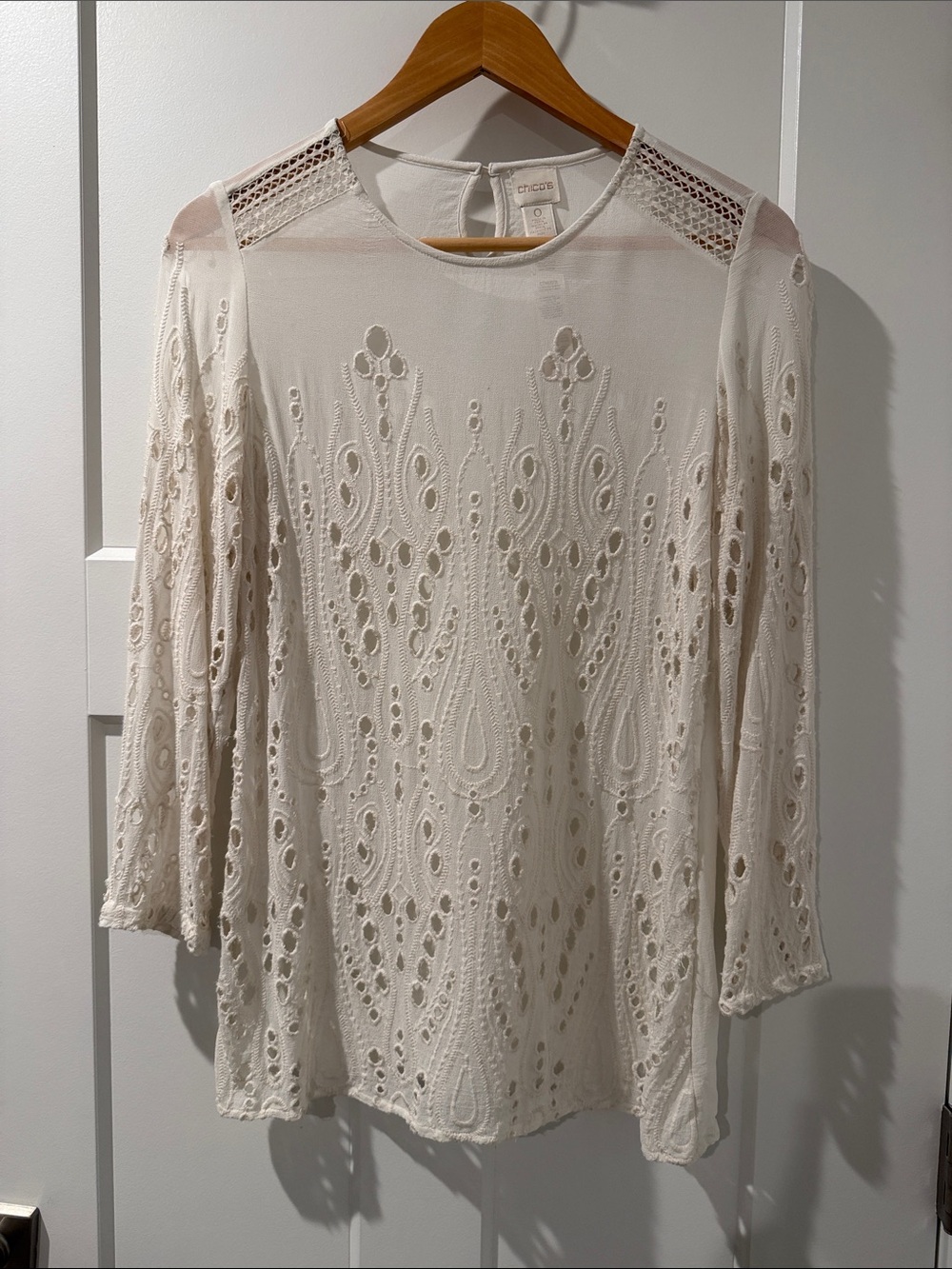 Chico's Ivory Lace Eyelet Paisley Long-Sleeve Blouse